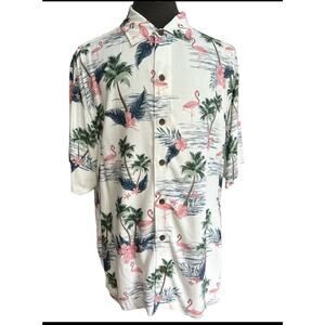 3XB Caribbean Rayon Flamingo and Palm Tree Hawaiian Button Down Shirt NWT